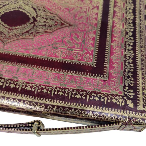 Vintage Embossed Leather Slim Bag Red Gold Gilding Italian Handbag Handle Small - Picture 13 of 16